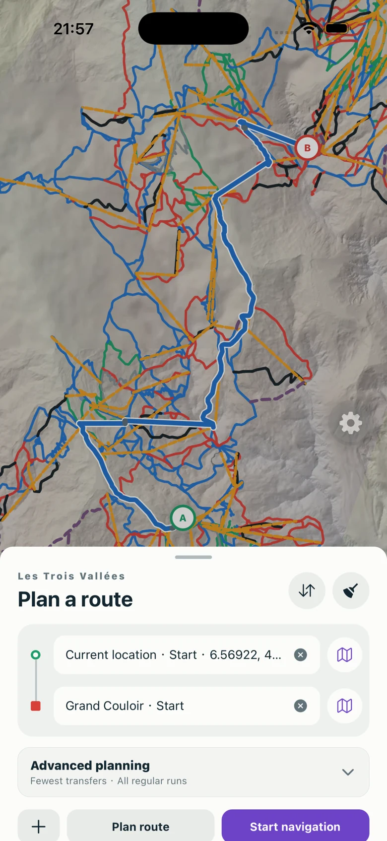Route planning in Mountainmapper, with start, finish and advanced planning options